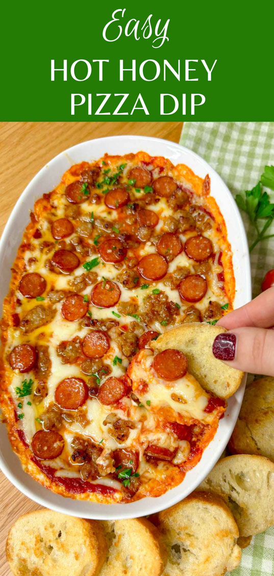 a white baking tray is filled with hot honey pepperoni sausage pizza dip