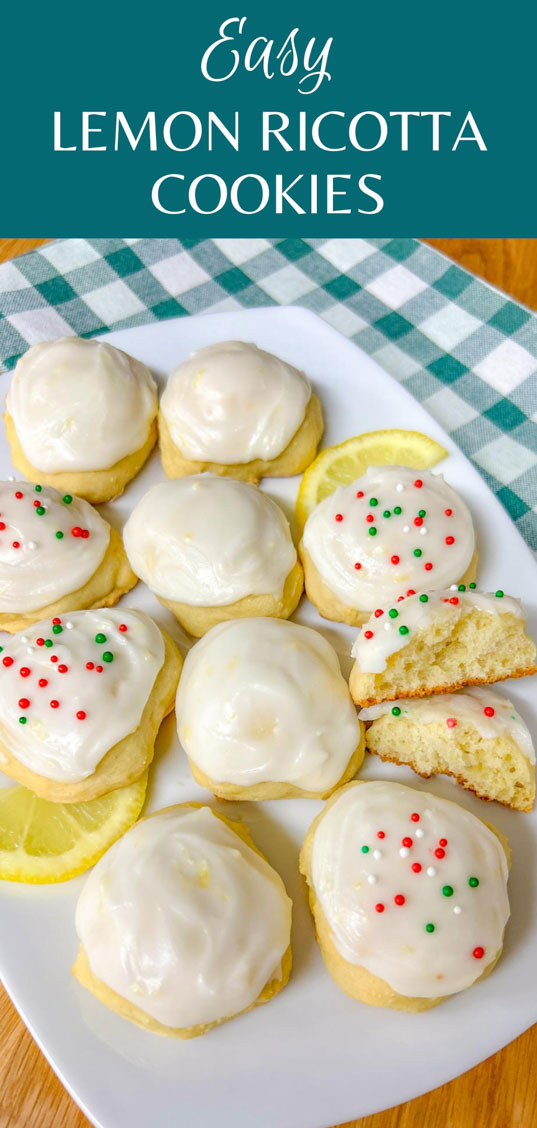 a white plate is filled with Italian lemon ricotta cookies, some have sprinkles and lemons garnish the plate
