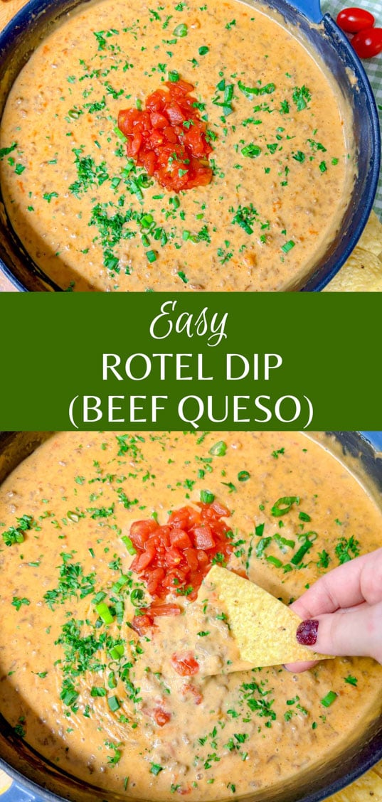 a cast iron skillet is filled with rotel dip and garnished with tomatoes and cilantro.