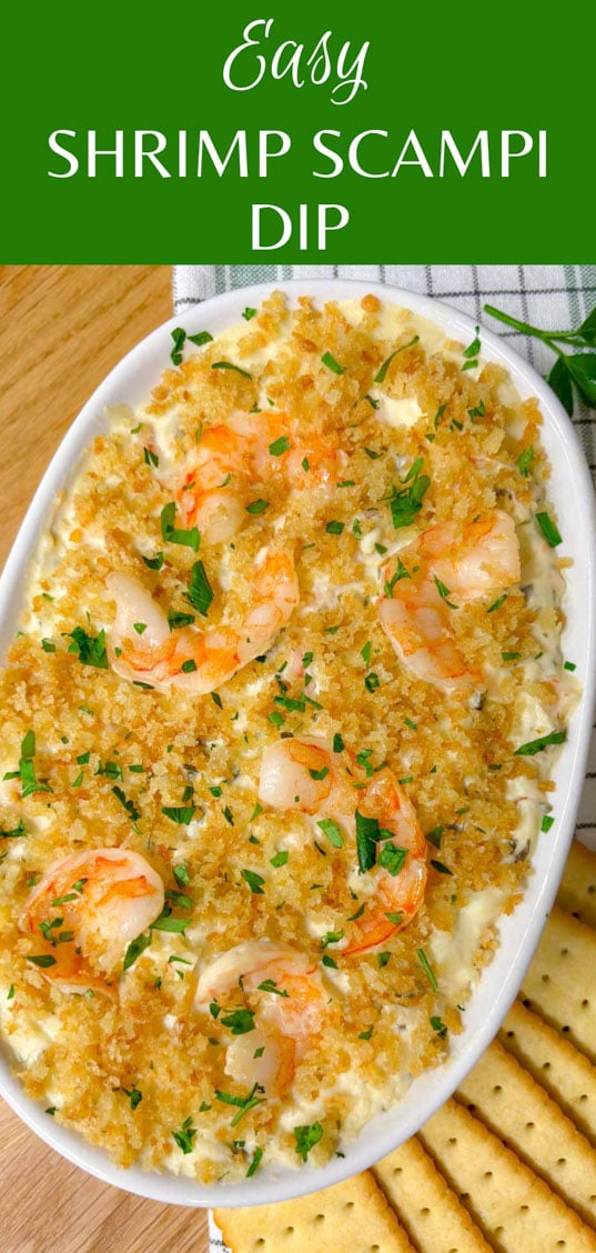 a white baking dish is filled with shrimp scampi dip and garnished with breadcrumbs and parsley