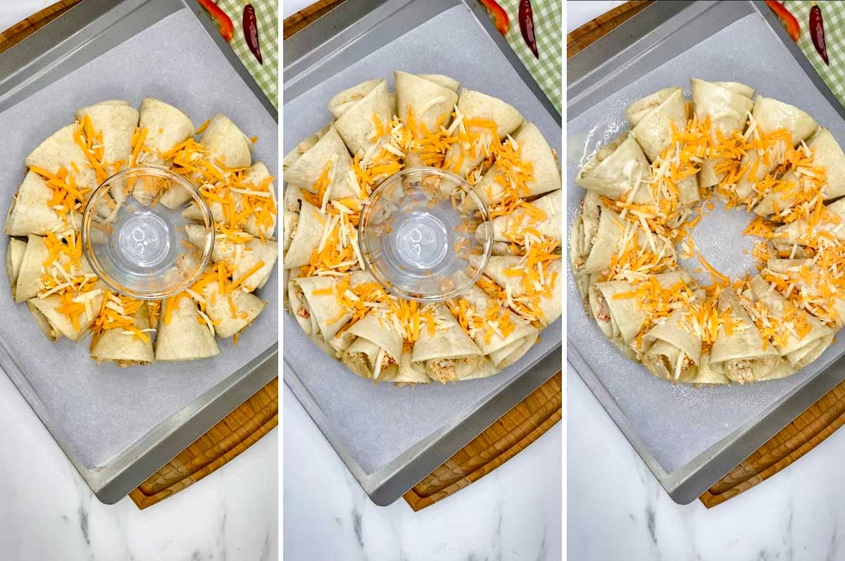 three step cooking photo. first one layer of cones and cheese. second two layers of cones and cheese. third the cones sprayed with cooking spray