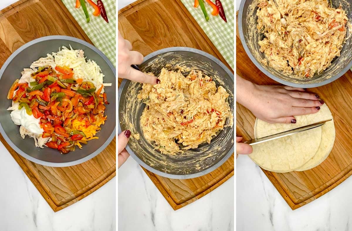 three step cooking photo. first all the filling ingredients in a bowl. second they are stirred together. third, tortillas cut in half.