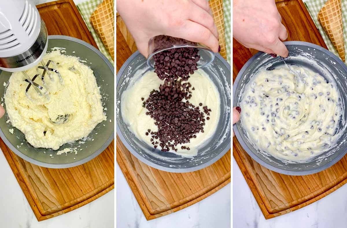 a three step cooking photo. mixing the cheeses together. second adding chocolate chips. third stirring the chocolate chips in.