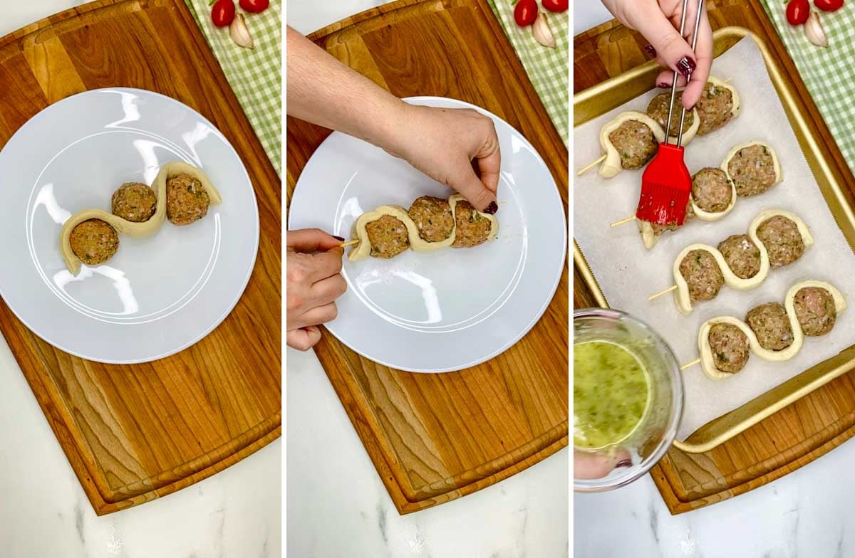 a three step photo showing wrapping the pizza dough around the meatballs and inserting a skewer. then transfer to a baking tray and brush with garlic butter