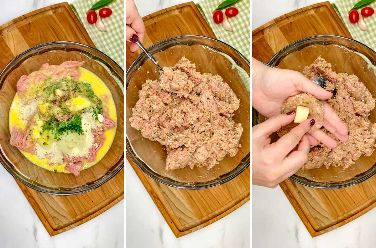 a three step photo showing mixing the meatball mixture together, shaping them and stuffing with a cube of cheese