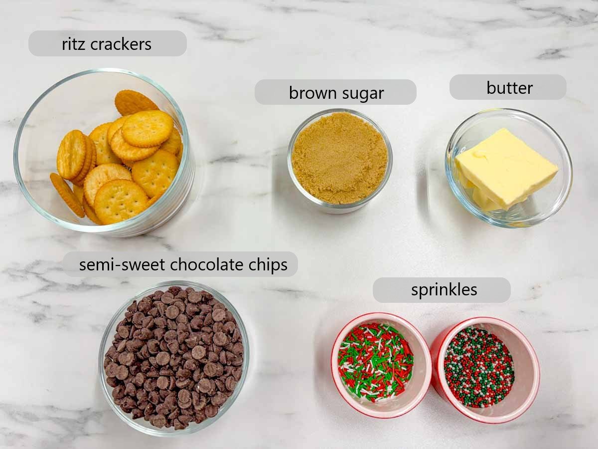 counter top with ingredients and text overlays reading Ritz crackers, brown sugar, butter, semi-sweet chocolate chips, and sprinkles
