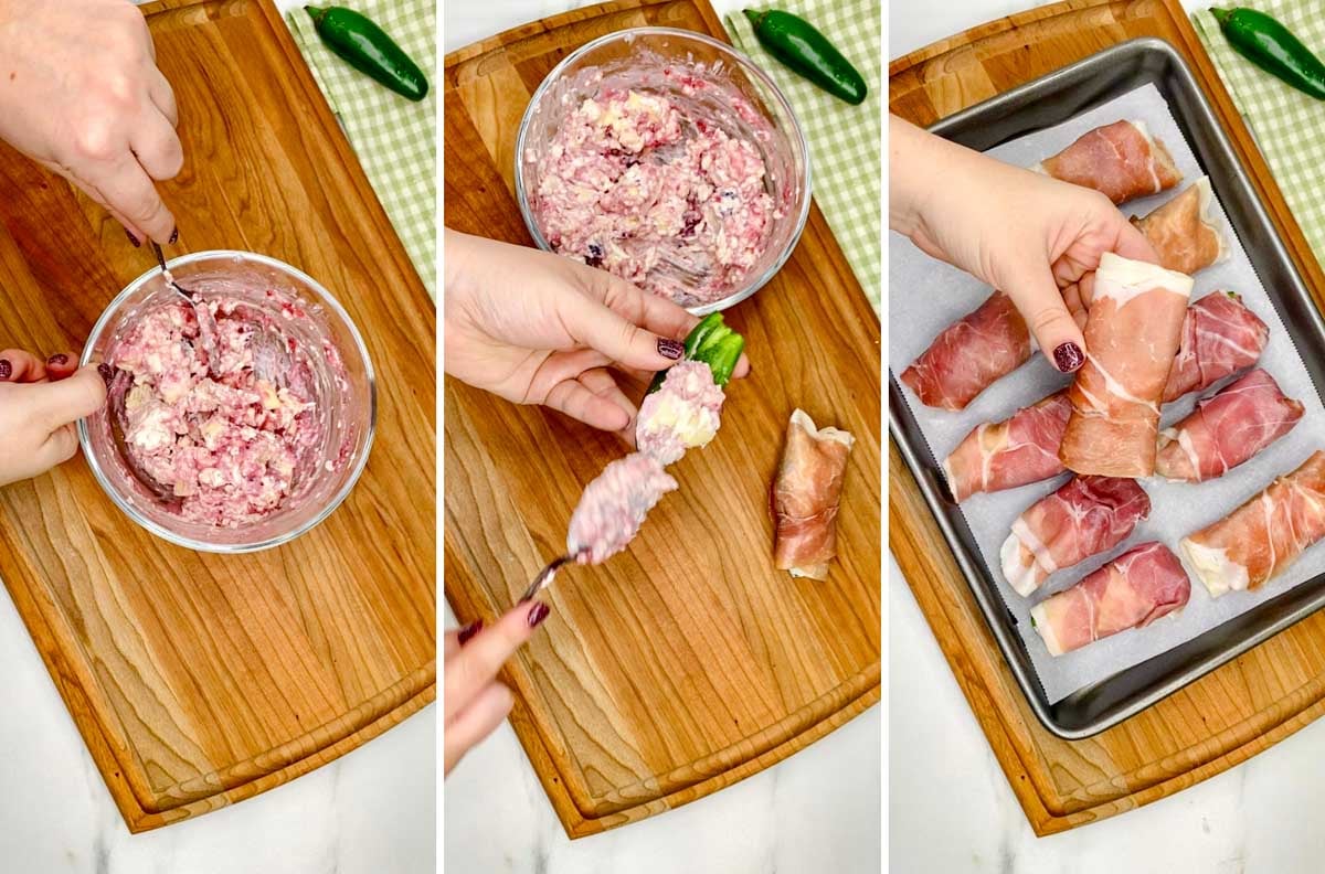 a three step cooking photo. first showing mixing the filling. second stuffing the jalapeno pepper. third wrapping the pepper in prosciutto.