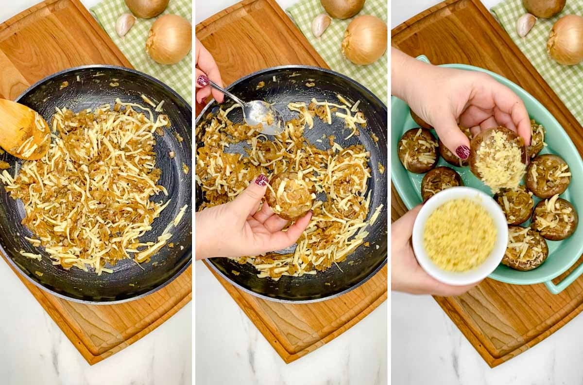 a three step cooking photo. first showing the filling mixed together. second stuffing the mushroom. third topping the mushroom with breadcrumbs.