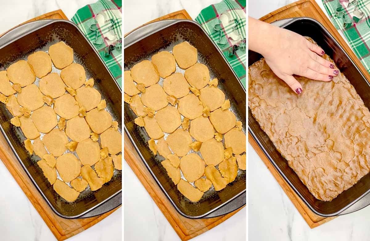 a three step cooking photo showing pressing gingerbread cookie dough into a baking tray to create the crust
