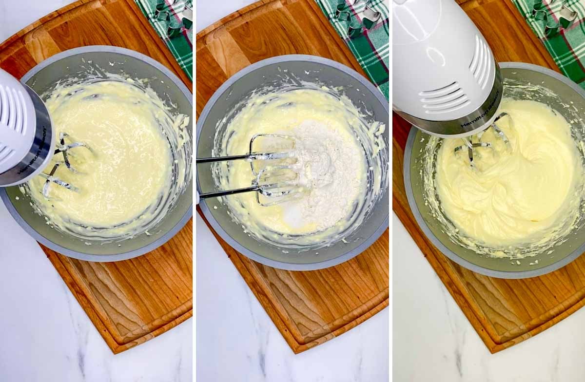 a three step cooking photo showing mixing together cream cheese, eggs and sugar.