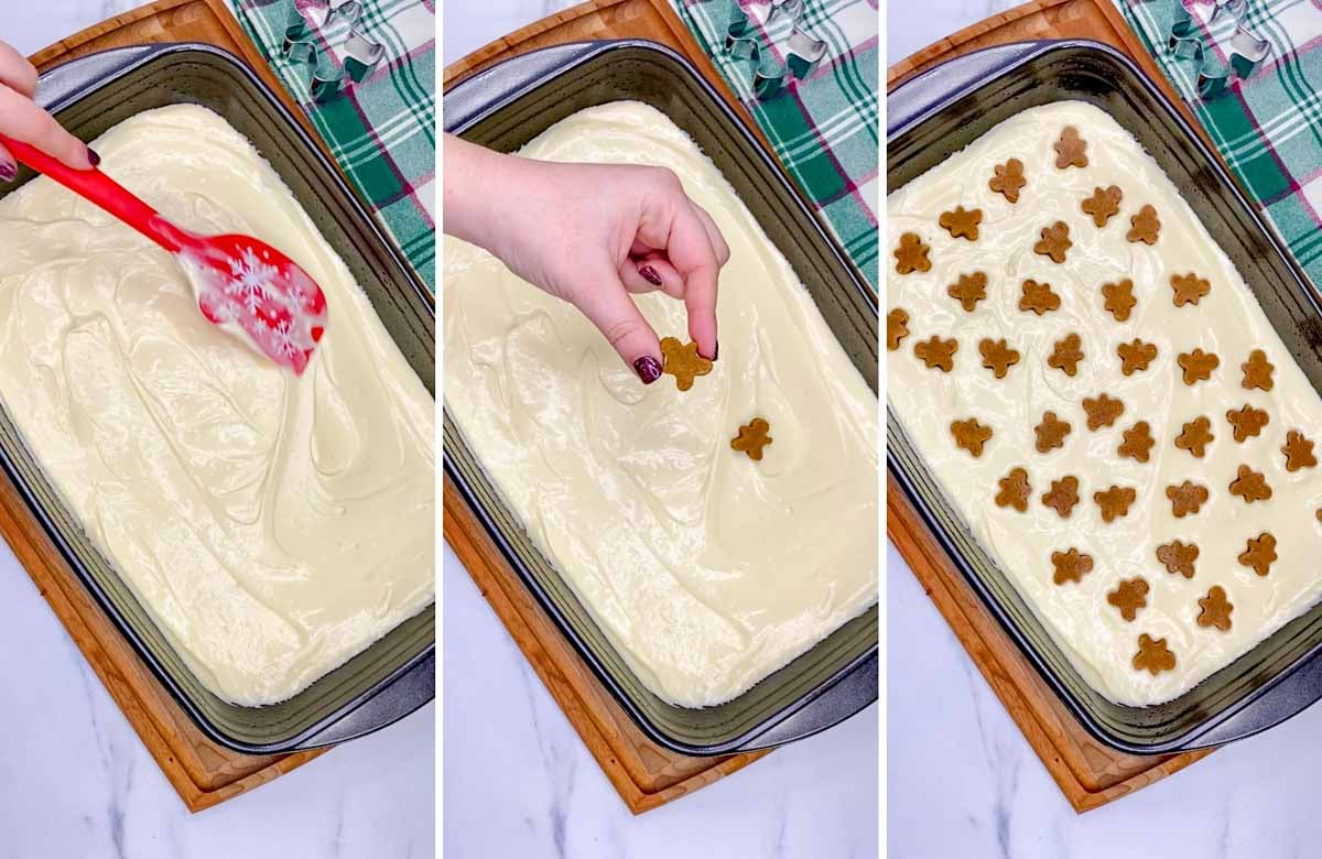a three step cooking photo. first spreading the cheesecake layer. second cutting mini gingerbread cookies. third the mini gingerbread cookies placed on top.