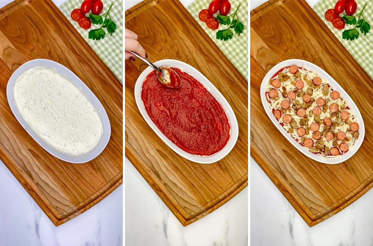a three step cooking photo. first the cheese layer spread in the baking tray. second the pizza sauce on top. third the cheese. pepperoni, and sausage on top.