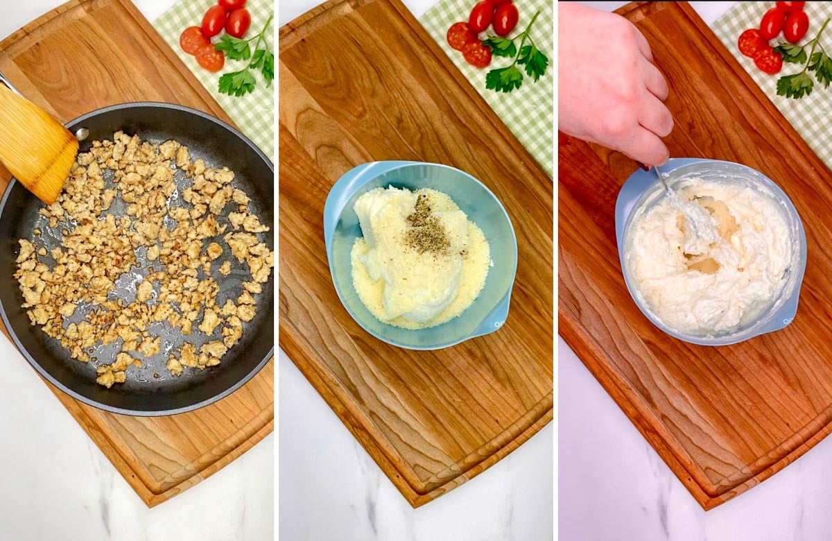 three step cooking photo. first cooking sausage meat. second cheeses in a bowl. third cheese stirred together.