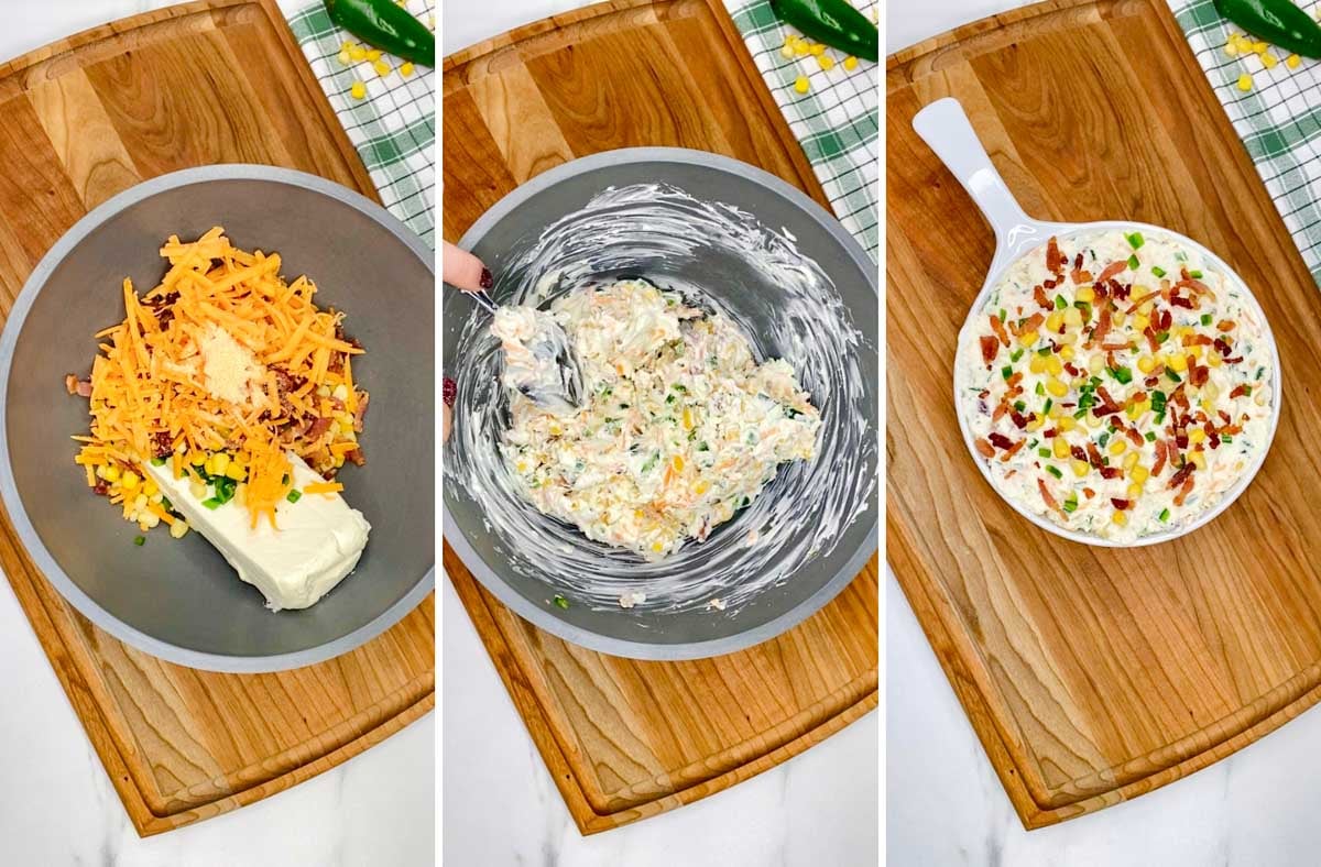 a three step cooking photo. first all the dip ingredients in a bowl. second the dip is stirred together. third the dip in a baking tray.