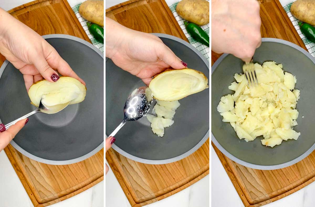 a three step photo. first showing scooping the center of a baked potato. second showing a thin layer left on the potato. third a fork mashing the potato centers.