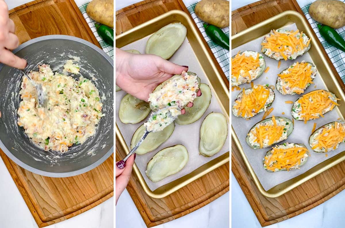 a three step cooking photo. first mixing the potato filling together. second filling the potato skins. second topping the potatoes with cheddar cheese.