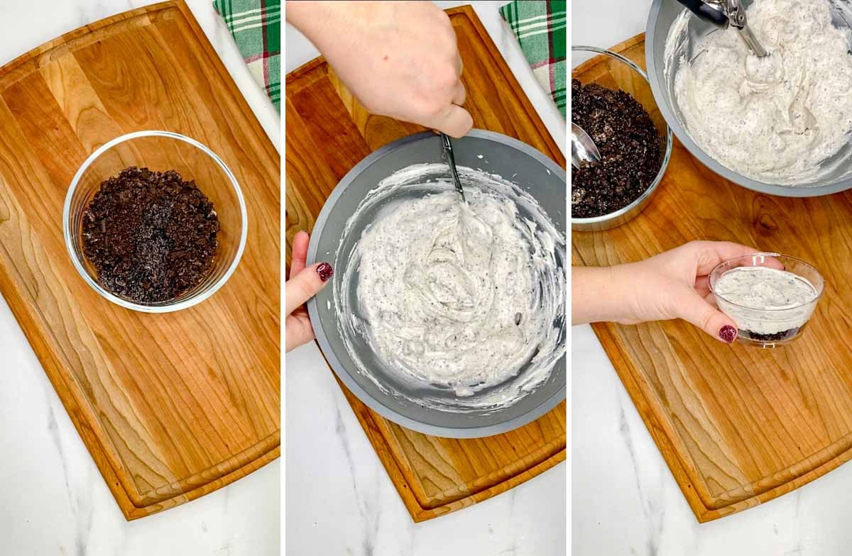 three step cooking photo. first making the oreo crust. second mixing the cheesecake filling together. third the cups assembled.