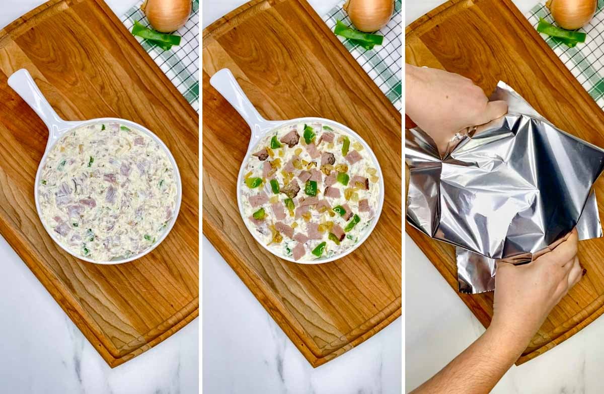 a three step cooking photo. first the dip in a baking dish. second the dip garnished. third, the dip covered in foil