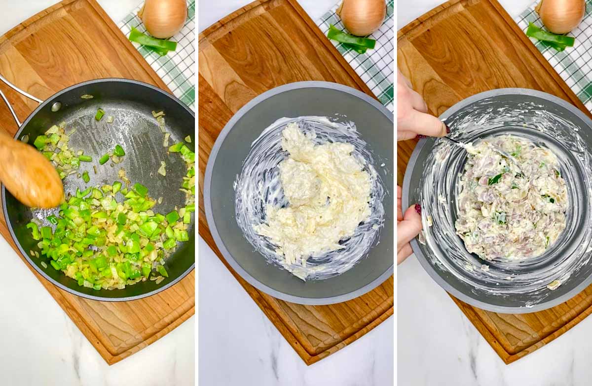 three step cooking photo. first sauteing bell peppers and onions. second mixing the cheeses together. third mixing all the dip ingredients together.