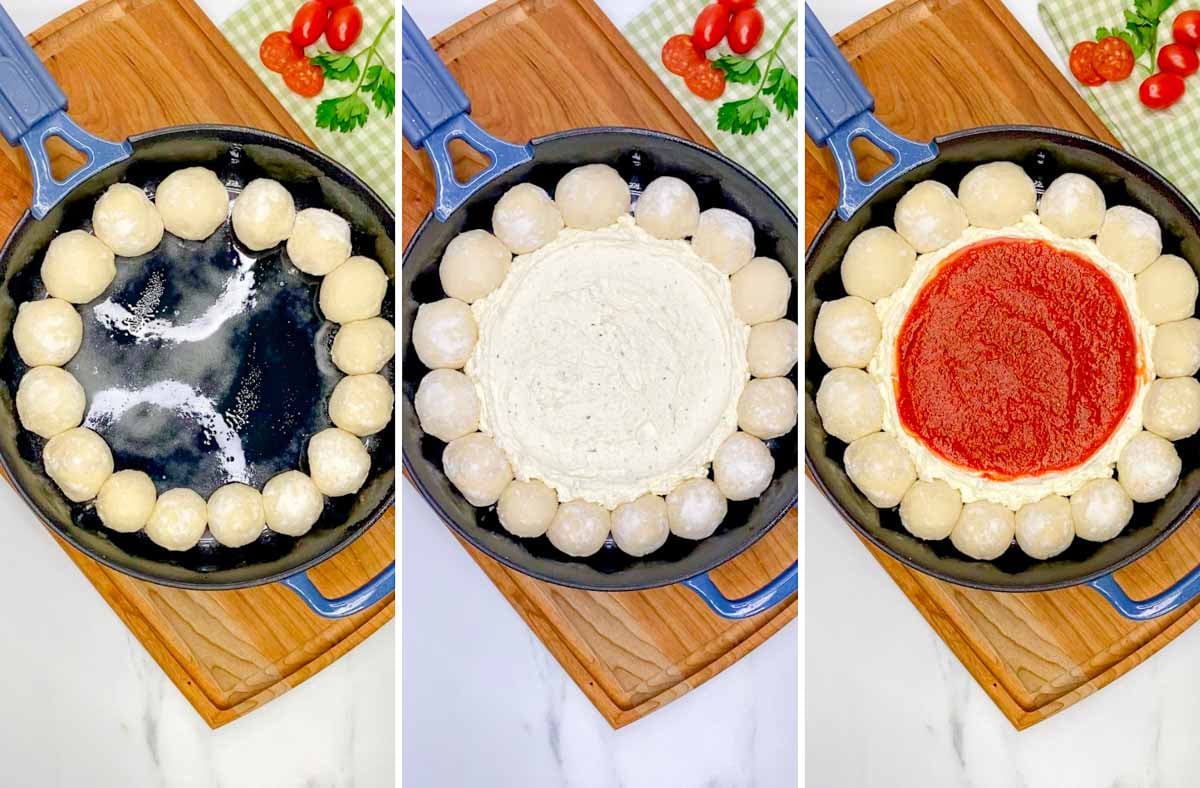 a three step photo of a cast iron pan. first pizza dough balls make a ring. second cheese dip spread on bottom. third pizza sauce spread on top.