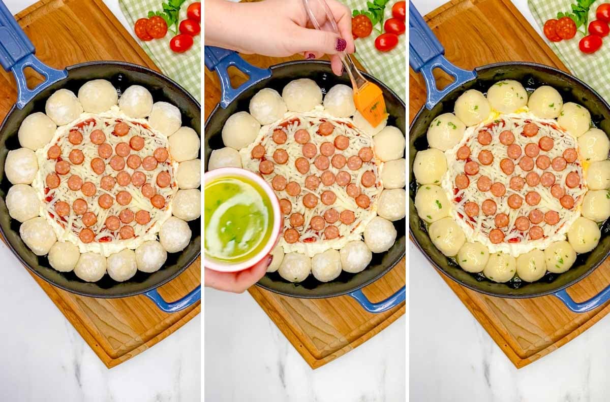 a three step photo of a cast iron pan. first cheese and pepperoni added. second and third showing brushing garlic butter brushed on the dough