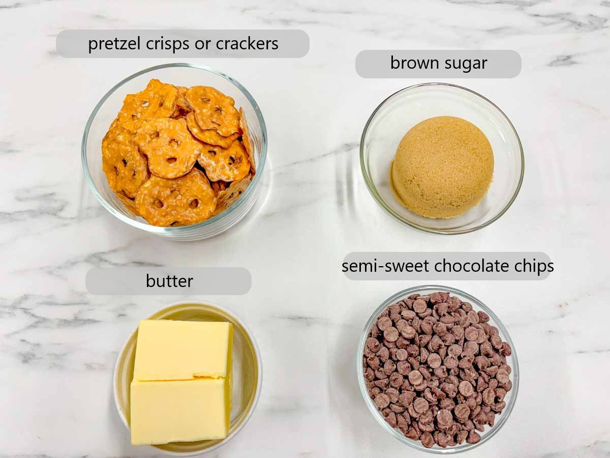 kitchen counter with bowl and text overlays reading pretzel crisps, brown sugar, butter, and semi-sweet chocolate chips