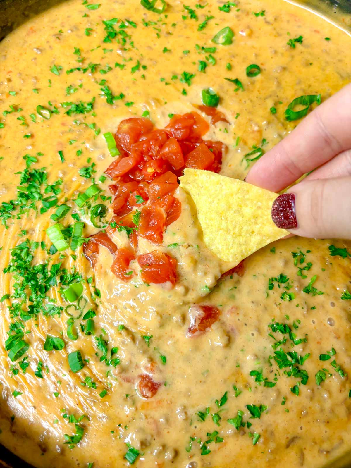 a cast iron skillet is filled with rotel dip and garnished with tomatoes and cilantro. a chip is dipped in
