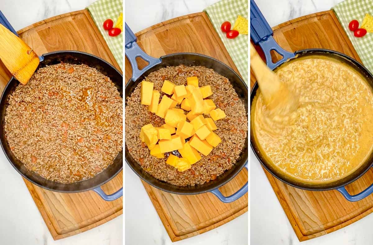 three step cooking photo. first searing ground beef. second adding the cheese. third the cheese is fully melted