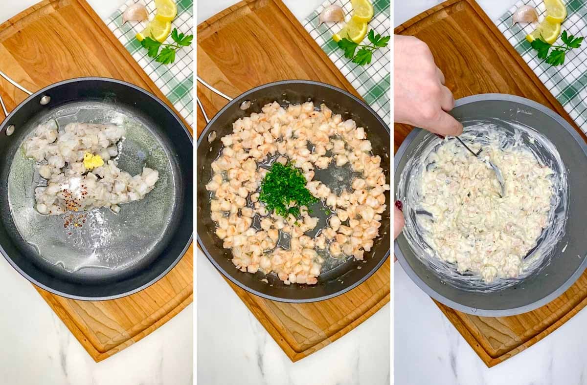 a three step photo. first pan frying shrimp. second cooked shrimp in a pan. third stirring the dip together.
