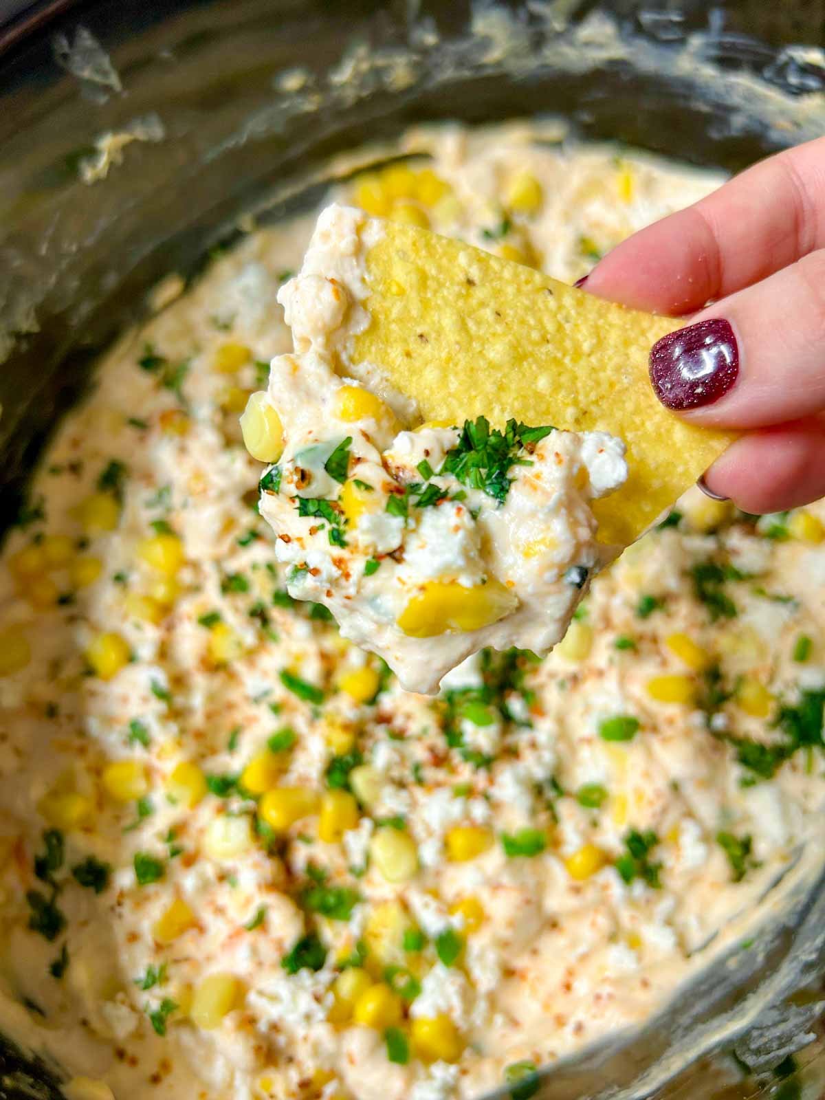 a slow cooker is filled with street corn dip and garnished with cilantro, corn and cotija cheese. a chip is dipped and help close to camera