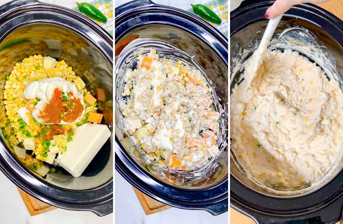 a three step cooking photo of a slow cooker. first all the ingredients added in. second they are stirred. third the dip is cooked and stirred together.