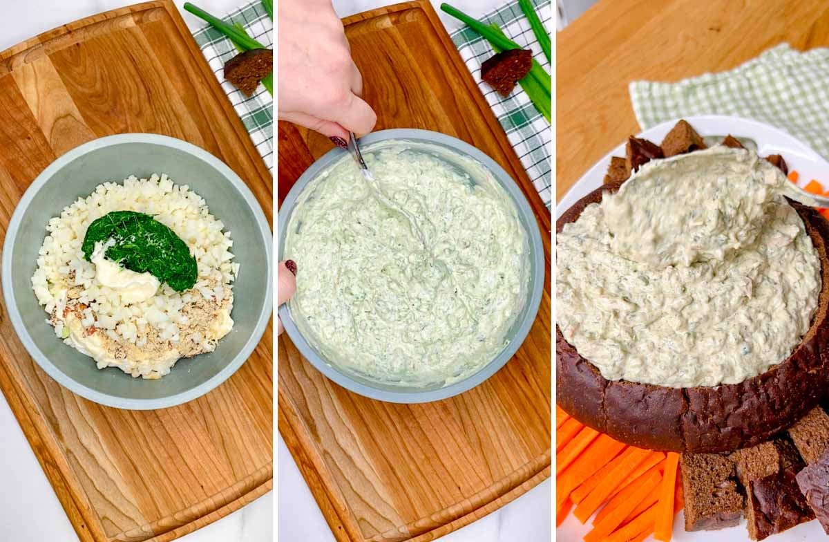 a three step photo. first showing all the dip ingredients in a bowl. second the dip stirred together. third the dip poured into a pumpernickel bread bowl