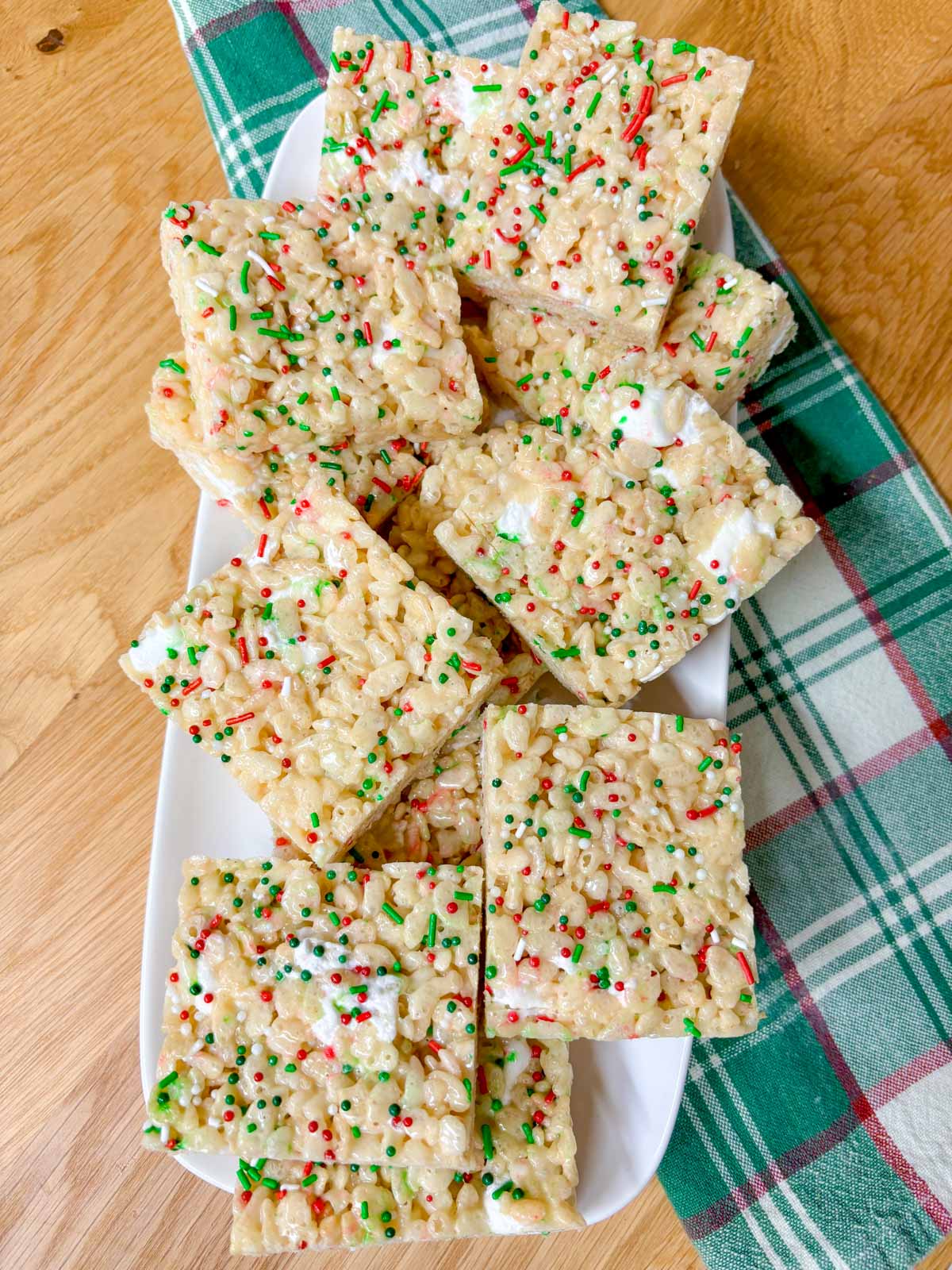 a white platter of sugar cookie rice krispie treats. 
