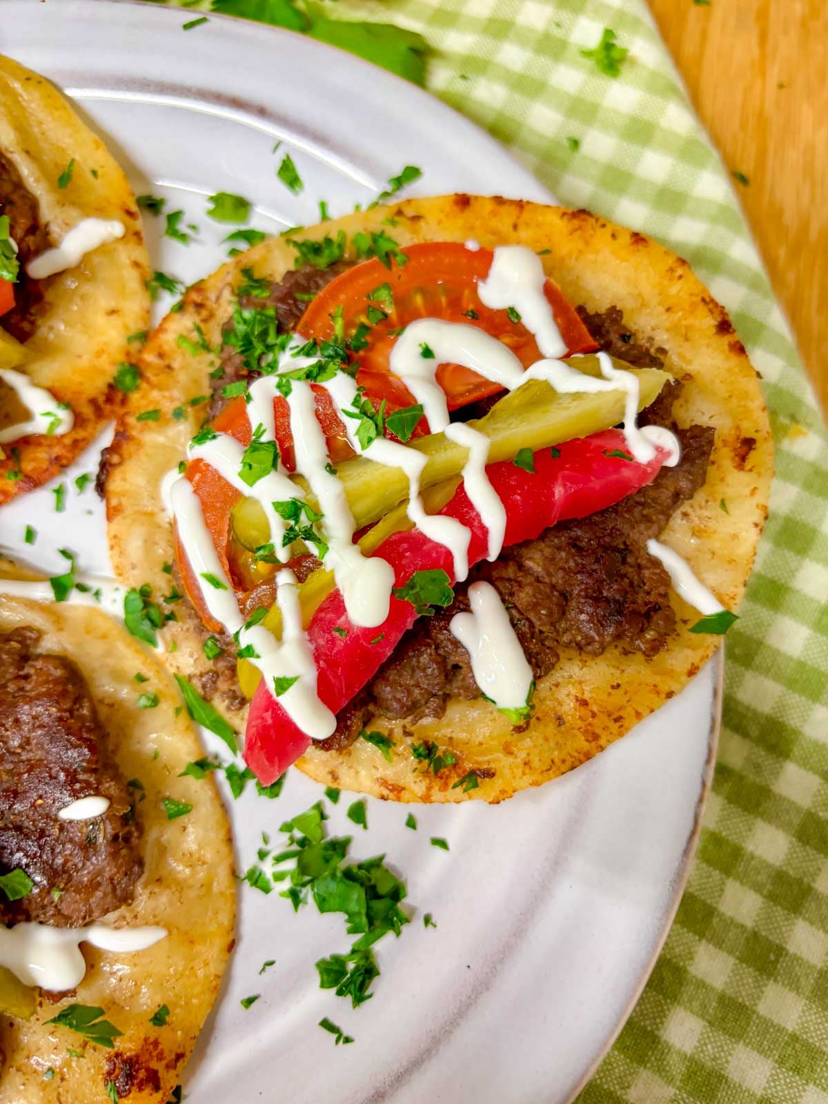 close up of one beef kebab smash taco
