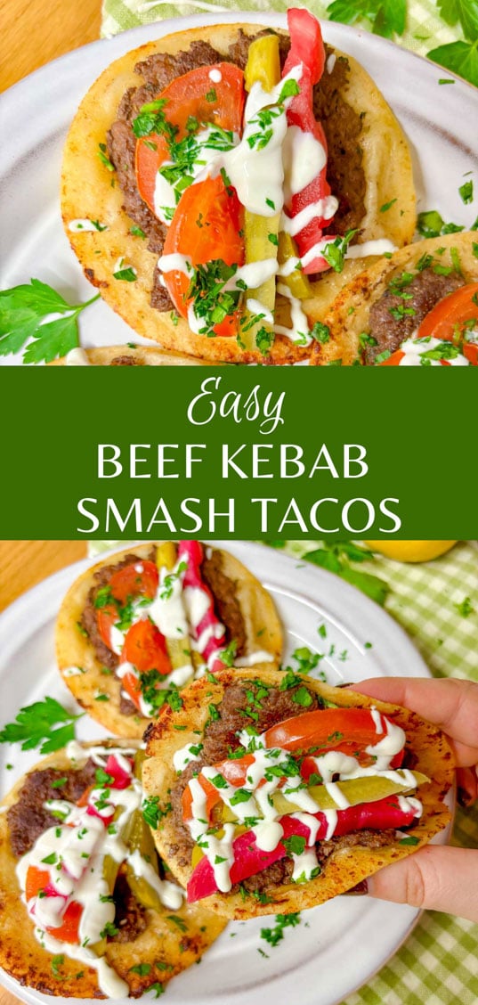 pinterest image that shows the recipe name and two close up photos of the beef kebab tacos