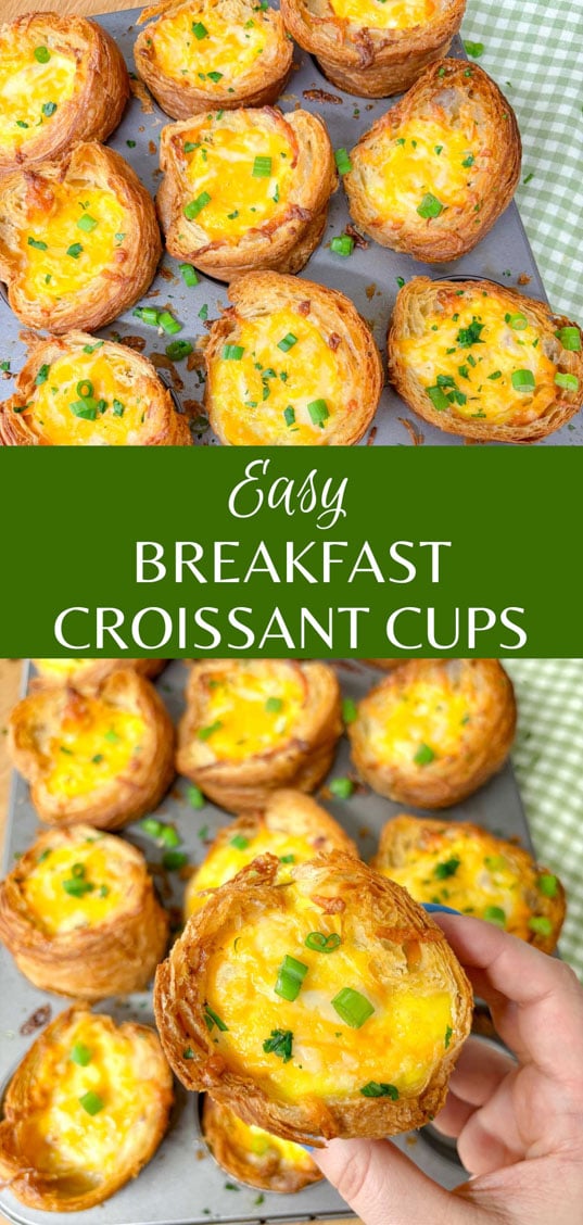 a muffin tin is filled with breakfast croissant cups and garnished with green onions and parsley