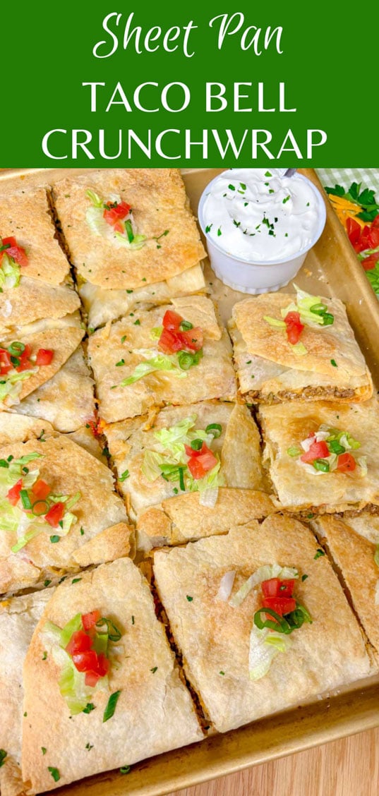 a sheet pan is filled with taco bell crunch wrap supremes with a side bowl of sour cream