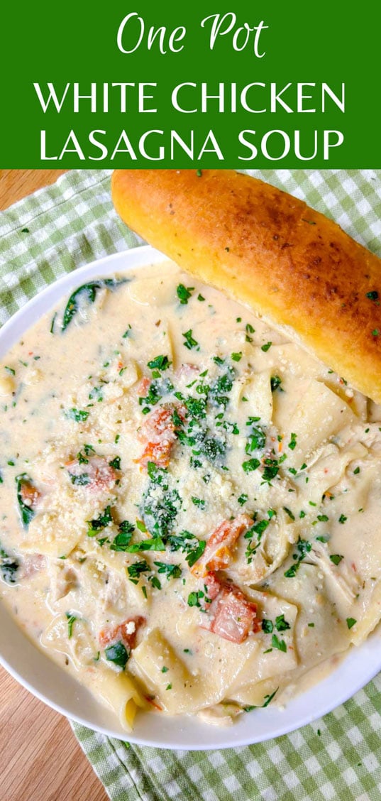 a white bowl is filled with white chicken lasagna soup. a breadstick is on the side