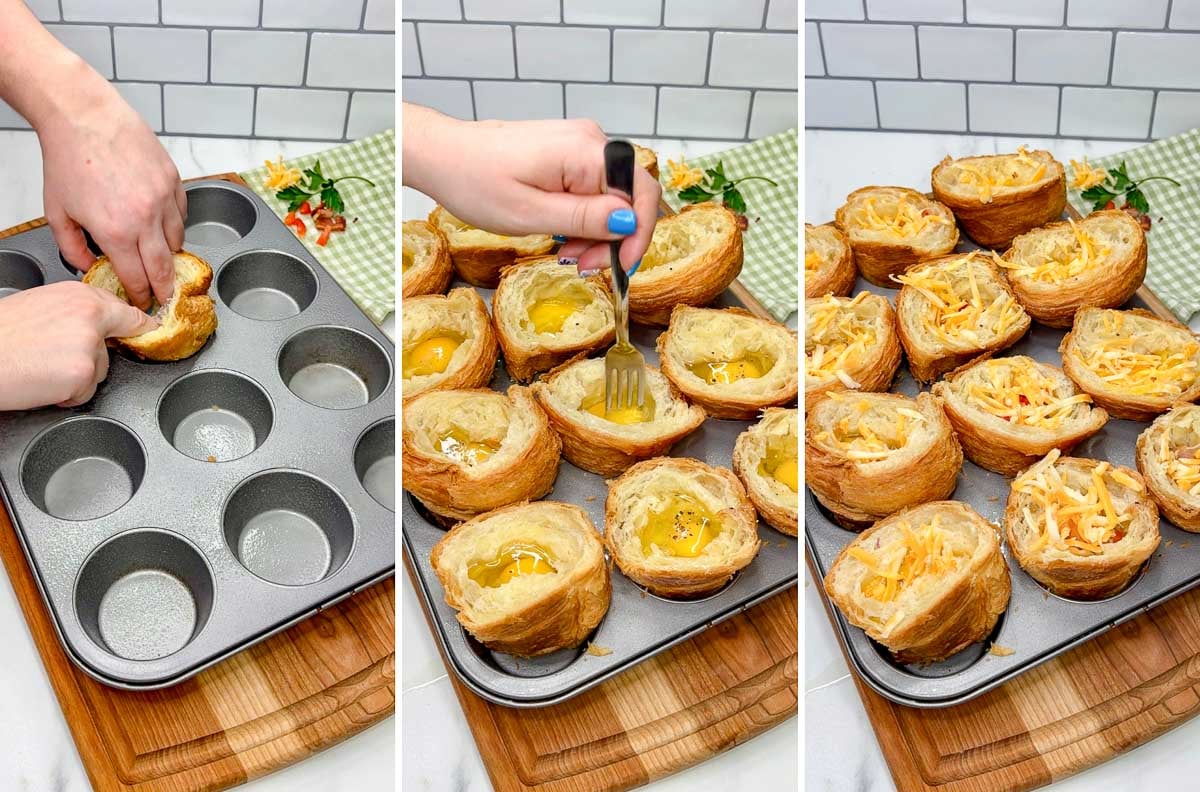 three step cooking photo. first shaping croissant cup in a muffin tin. second whisking eggs in each cup. third cups are topped with cheese