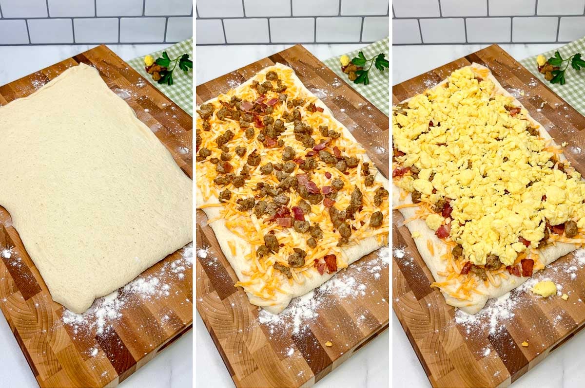 3 step cooking photo. 1 pizza dough rolled into rectangle. 2 dough is topped with cheese, cooked sausage and cooked bacon. 3 scrambled eggs are put on top.