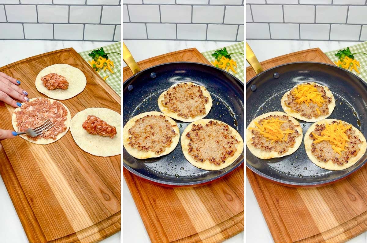 three step cooking photo. first showing spreading sausage meat on the tortillas. second showing the sausage cooked. third the taco is topped with cheddar cheese