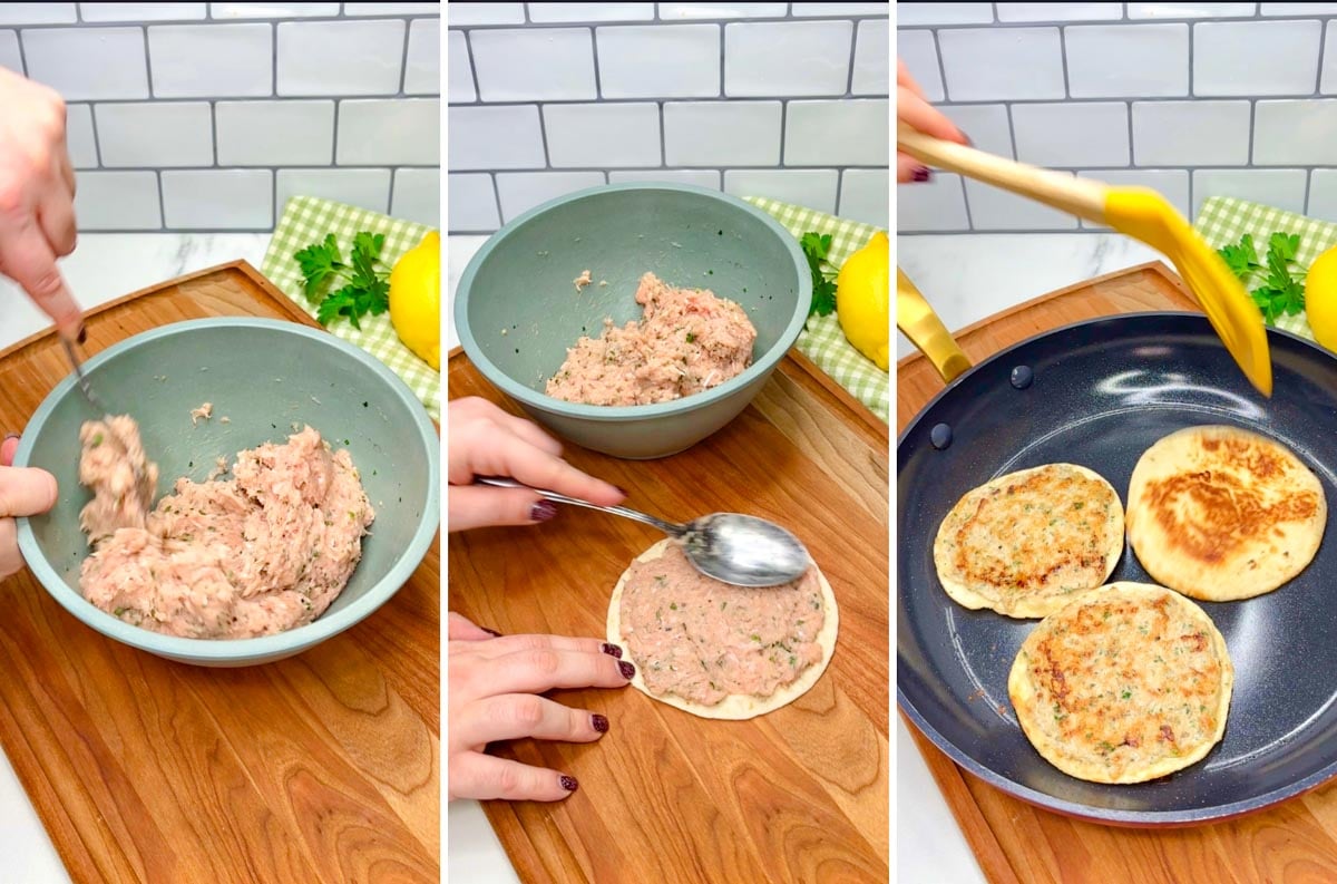 three step cooking photo. first seasoning ground chicken in a bowl. second spreading on a tortilla. third pan frying
