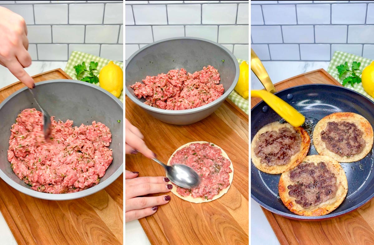 three step cooking photo. first seasoning ground beef. second smashing ground beef on tortilla. third the tacos are cooked in a frying pan