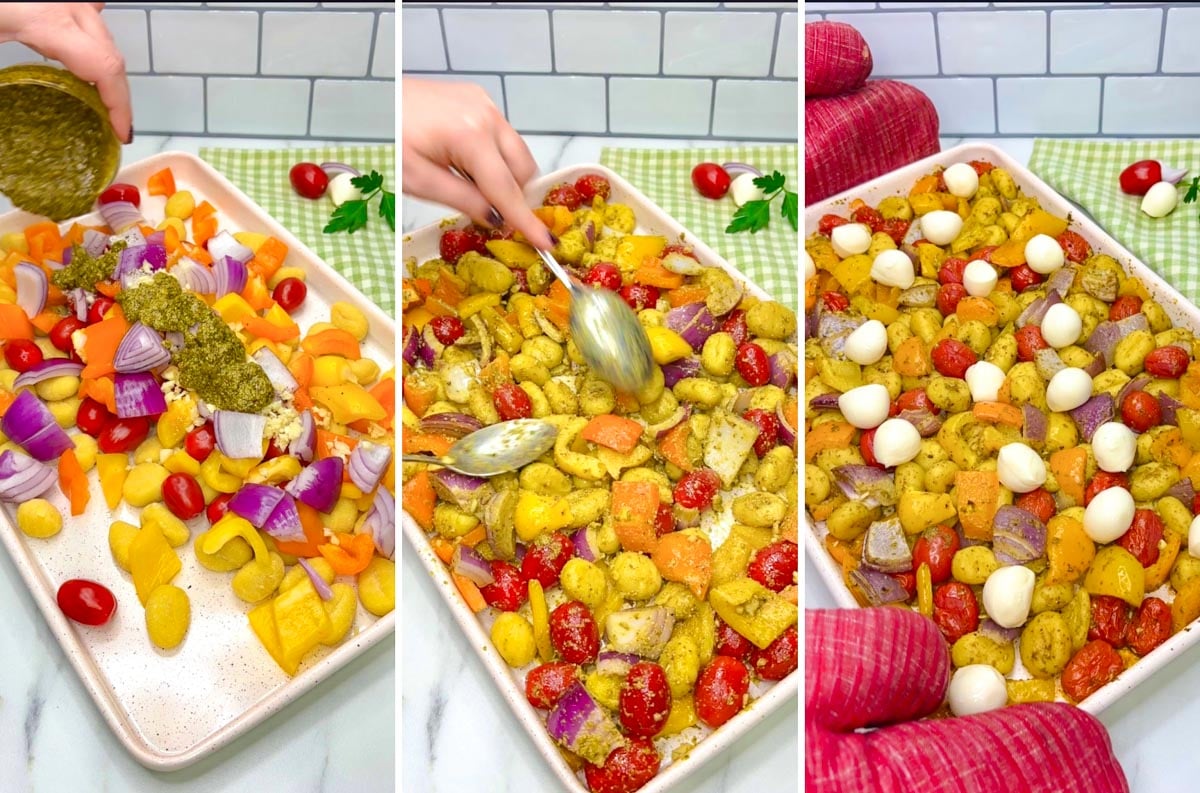 a three step cooking photo showing adding all the ingredients to a sheet pan and tossing them together