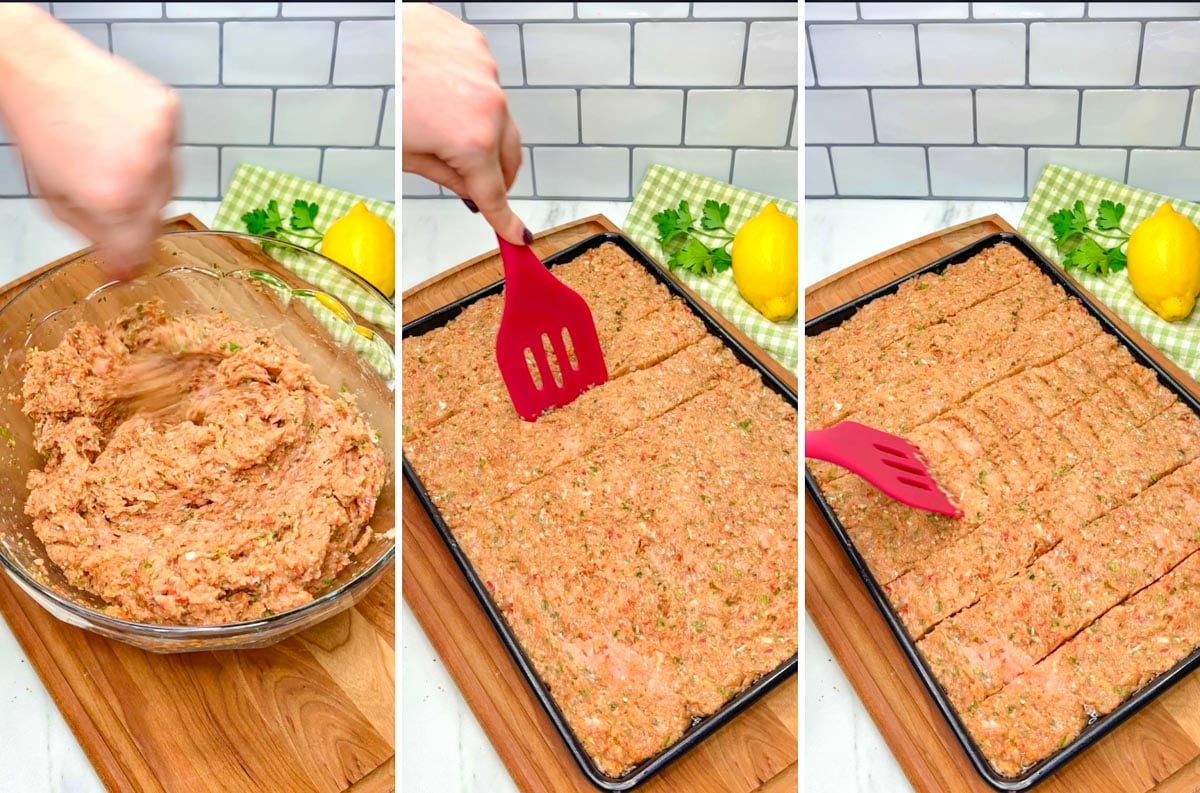 three step cooking photo. first mixing the chicken kebab mixture in a bowl. second cutting the kebab into pieces on a sheet pan. third notching the tops of the kebab with a spatula.