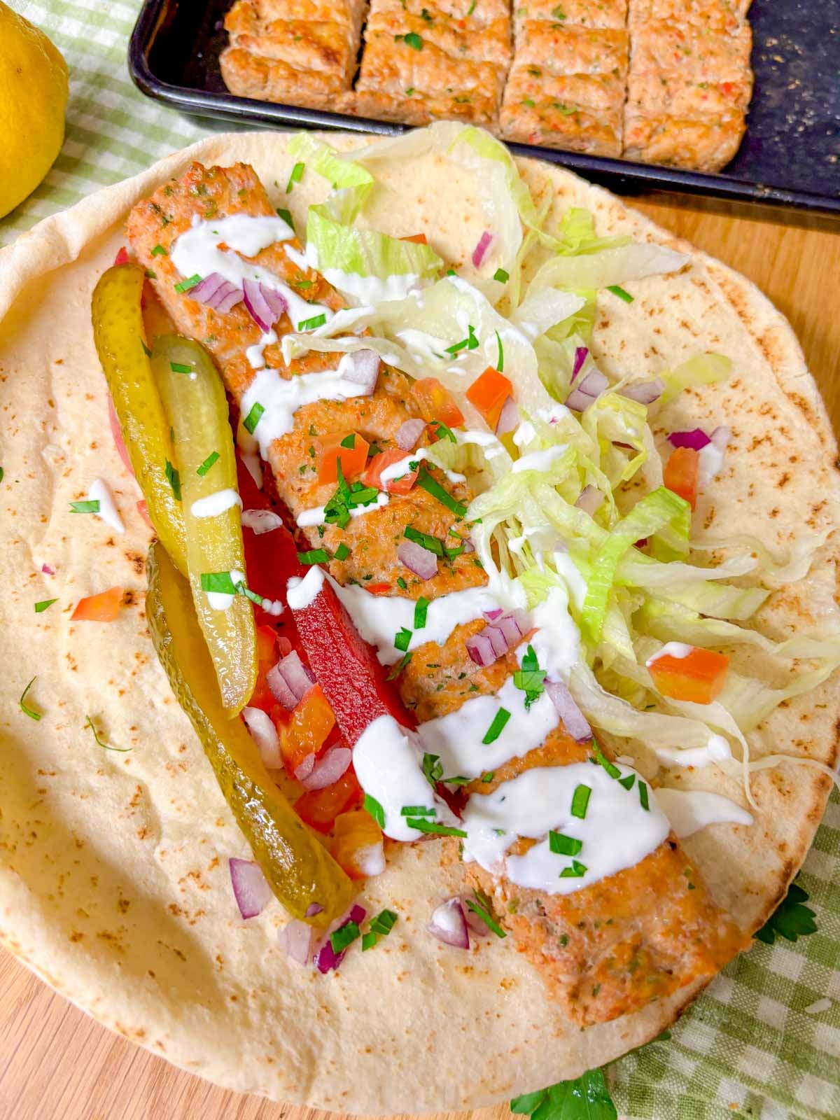 assembled sheet pan chicken kebab wrap