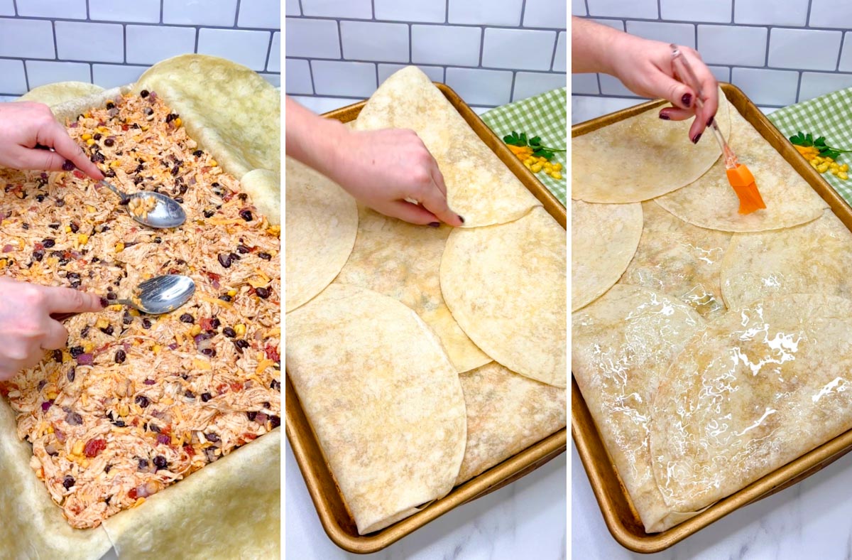 three step cooking photo. first filling spread. second tortillas folded over. third oil brushed on top