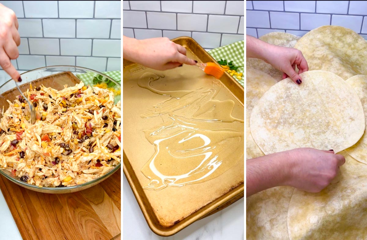 three step cooking photo. bowl with filling being stirred together. second oil spread on sheet pan. third tortillas laid on sheet pan.
