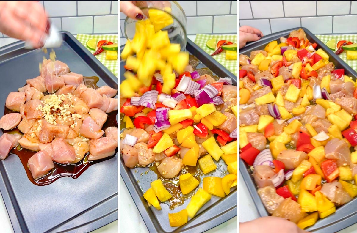 three step cooking photo. first seasoning chicken. second adding veggies. third everything is tossed together