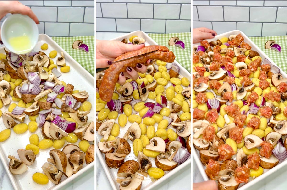 a three step cooking photo. first drizzle oil on the sheet pan with all the ingredients on it. second cutting the casing off sausage. sausage is placed over the sheet pan